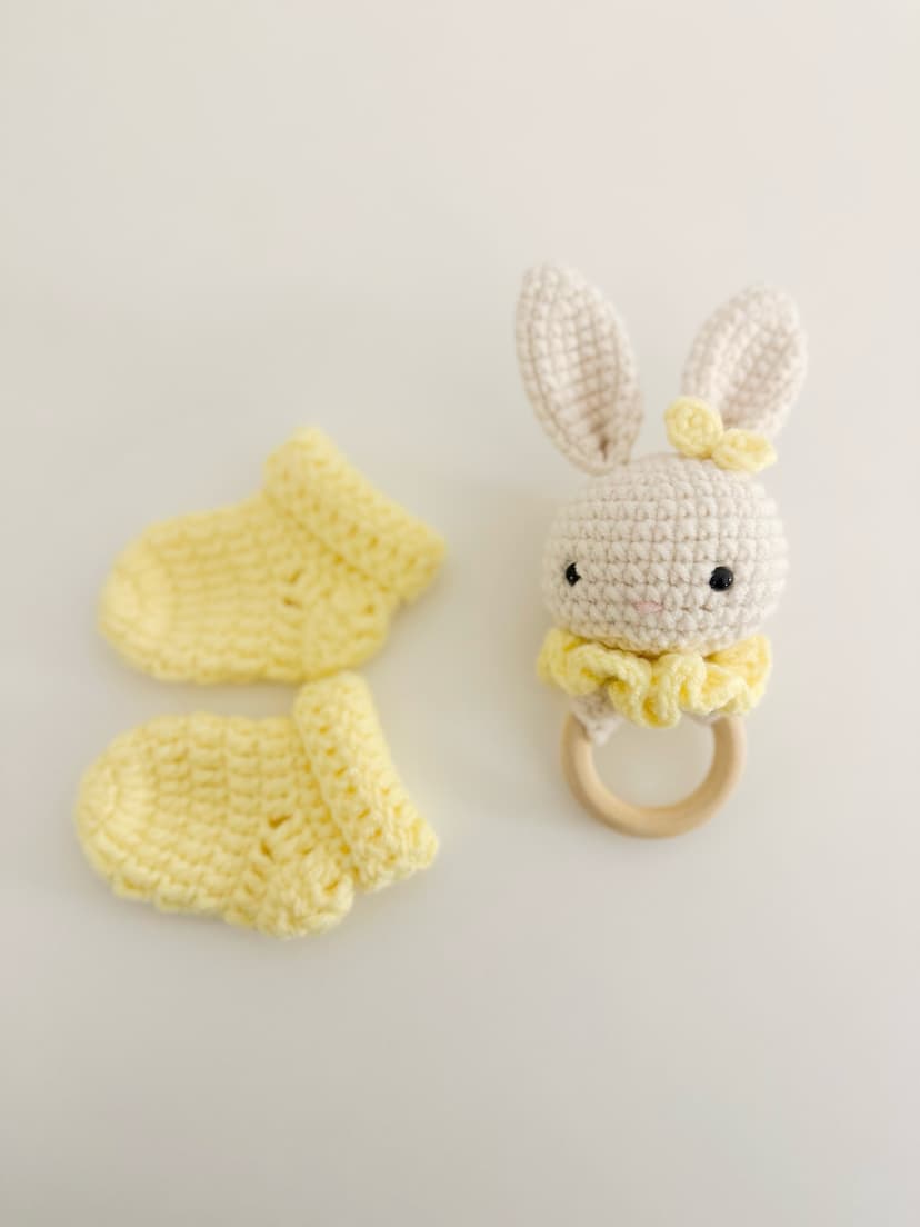 Handmade Crochet Bunny Rattle and Booties Set