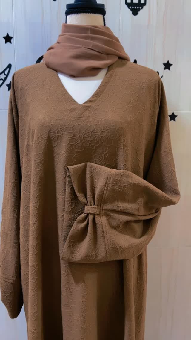 Brown Textured Abaya with Bow Sleeves
