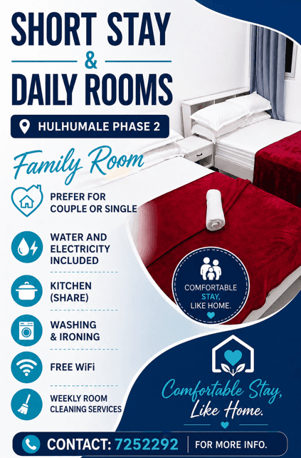 MONTHLY, SHORT STAY, DAILY ROOMS HULHUMALE PHASE 2