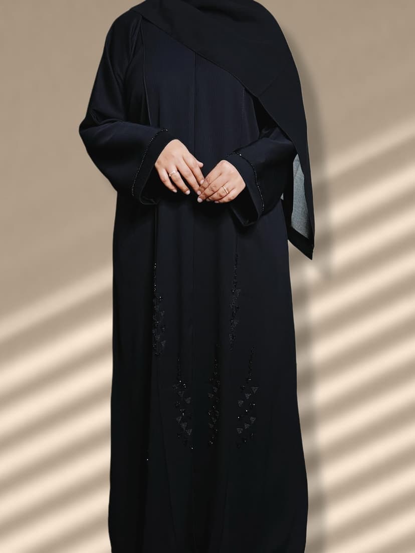 Black abaya with delicate black beadwork embroidery